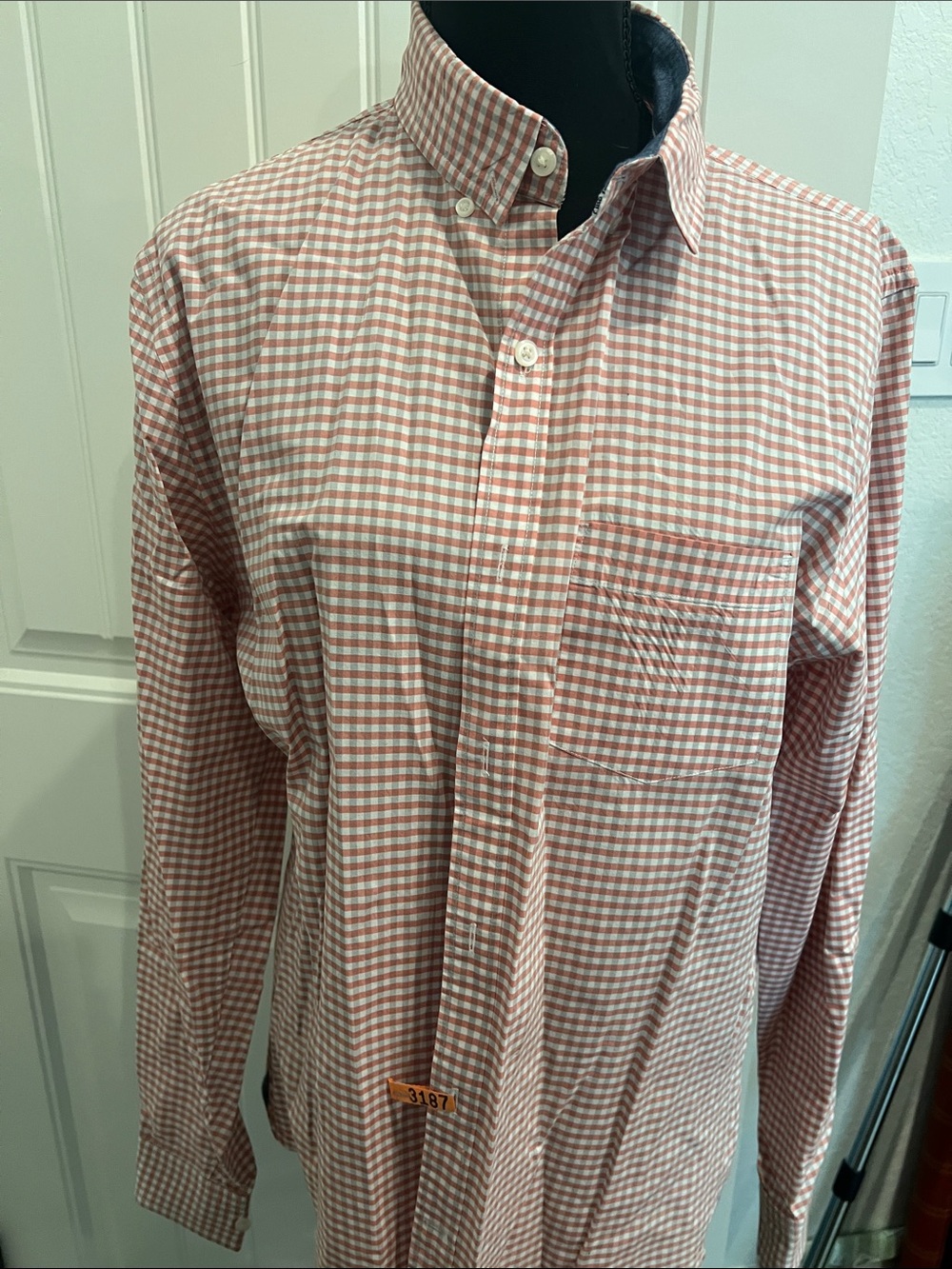 Express Men's Button-Down Gingham Shirt in Light Red and White